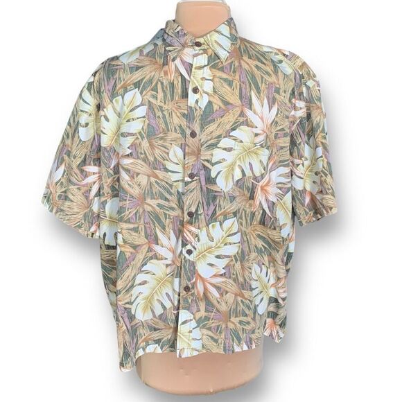 Vintage Koa Road Shirt Hawaiian Leaf Printed Tan Short Sleeve Button Front Top - Picture 9 of 9